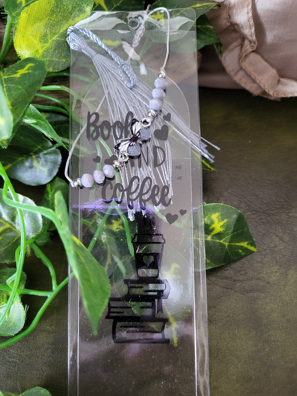Lavender Beaded Bookmark Tassel - "Books and Coffee"